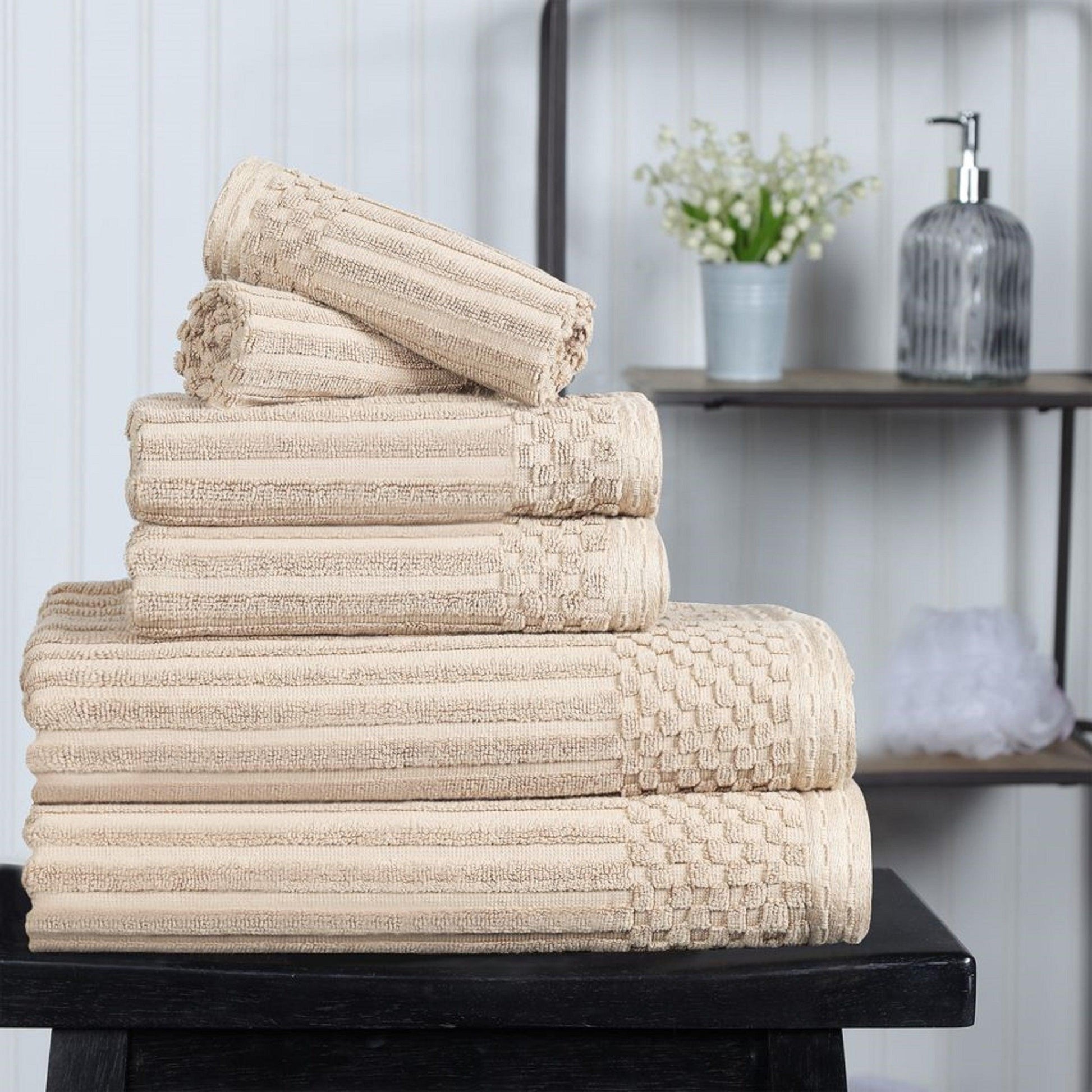 Ribbed Textured Cotton Medium Weight 6 Piece Towel Set -  Ivory