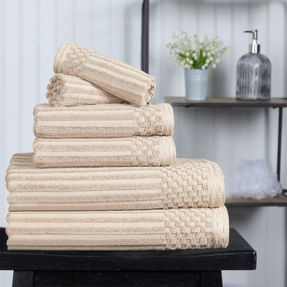 Ribbed Textured Cotton Medium Weight 6 Piece Towel Set -  Ivory