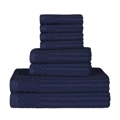 Ribbed Textured Cotton Medium Weight 8 Piece Towel Set - Navy Blue