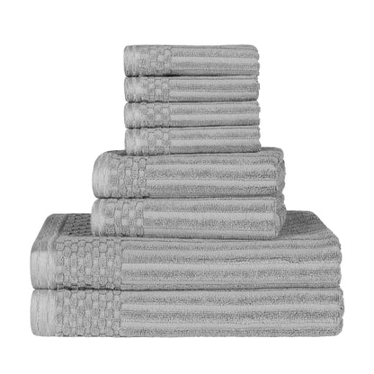 Ribbed Textured Cotton Medium Weight 8 Piece Towel Set - Silver