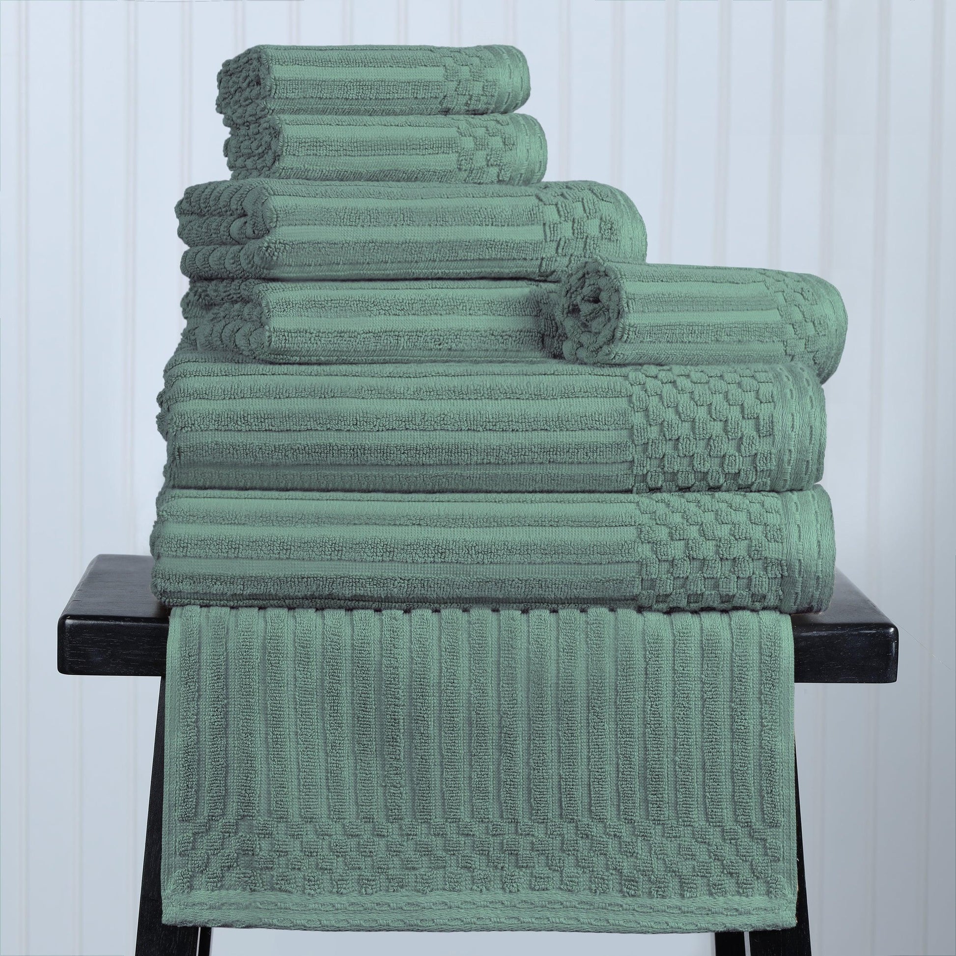 Ribbed Textured Cotton Medium Weight 8 Piece Towel Set - Basil