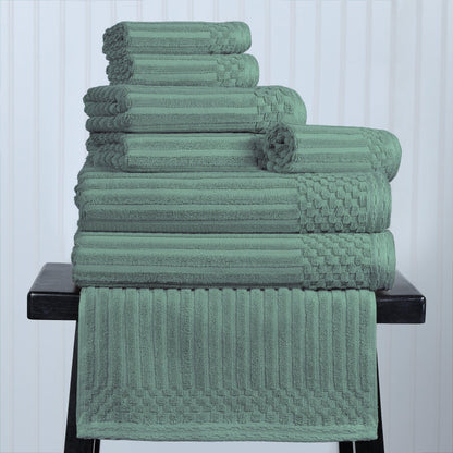 Ribbed Textured Cotton Medium Weight 8 Piece Towel Set - Basil