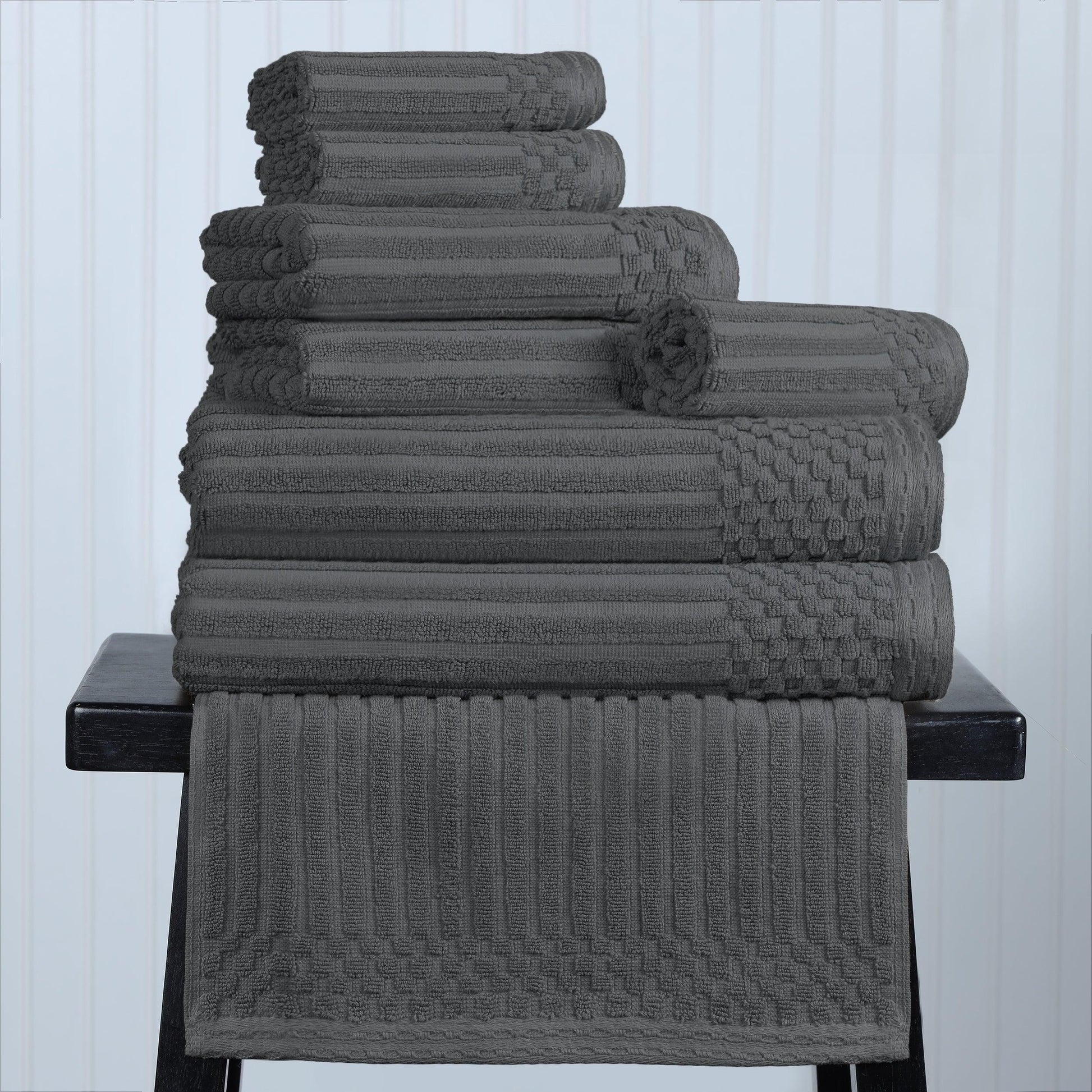 Ribbed Textured Cotton Medium Weight 8 Piece Towel Set - Charcoal