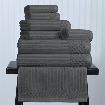 Ribbed Textured Cotton Medium Weight 8 Piece Towel Set - Charcoal