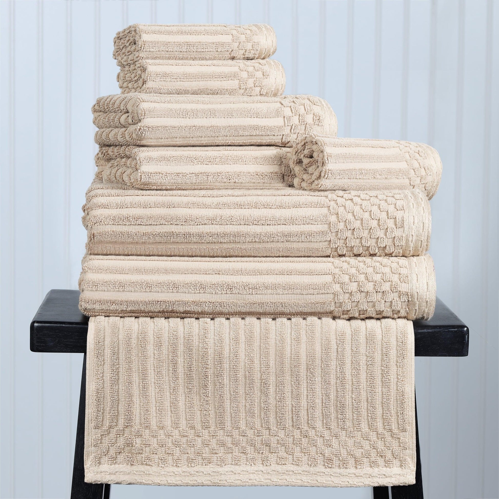 Ribbed Textured Cotton Medium Weight 8 Piece Towel Set -  Ivory