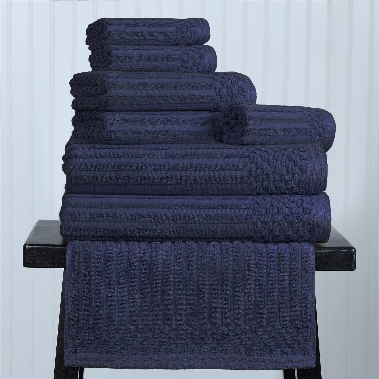 Ribbed Textured Cotton Medium Weight 8 Piece Towel Set - Navy Blue
