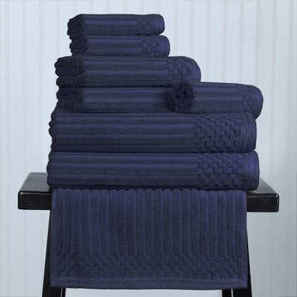 Ribbed Textured Cotton Medium Weight 8 Piece Towel Set - Navy Blue