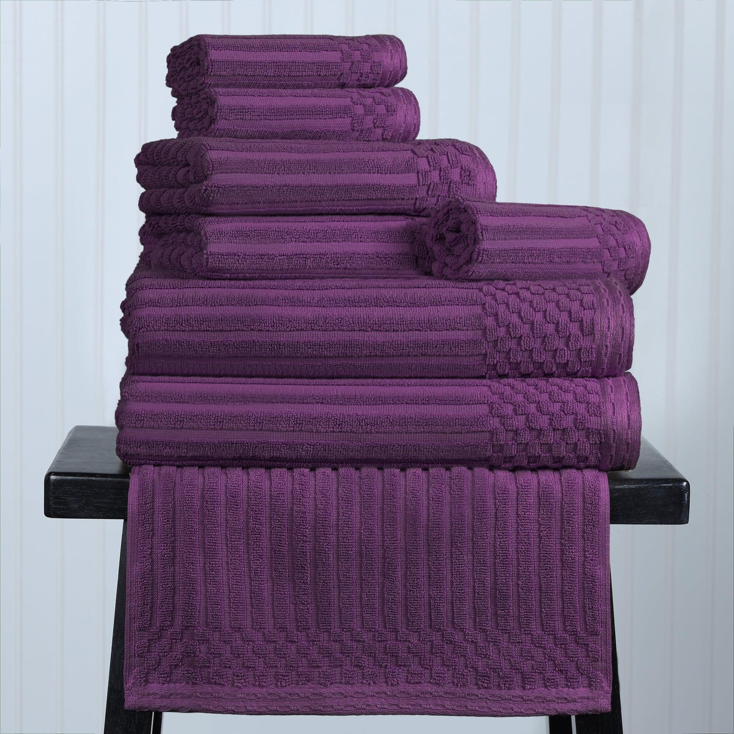 Ribbed Textured Cotton Medium Weight 8 Piece Towel Set -  Plum
