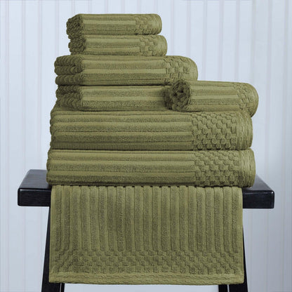 Ribbed Textured Cotton Medium Weight 8 Piece Towel Set - Sage