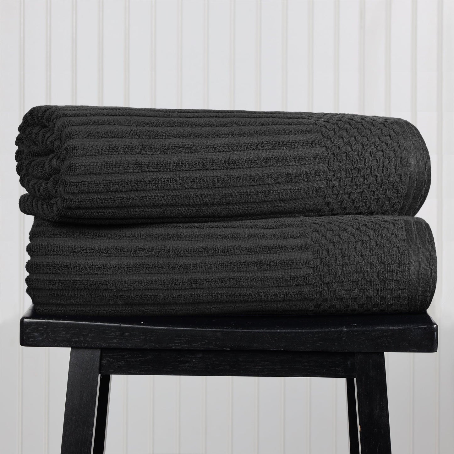Ribbed Textured Cotton Bath Sheet Ultra-Absorbent Towel Set - Black
