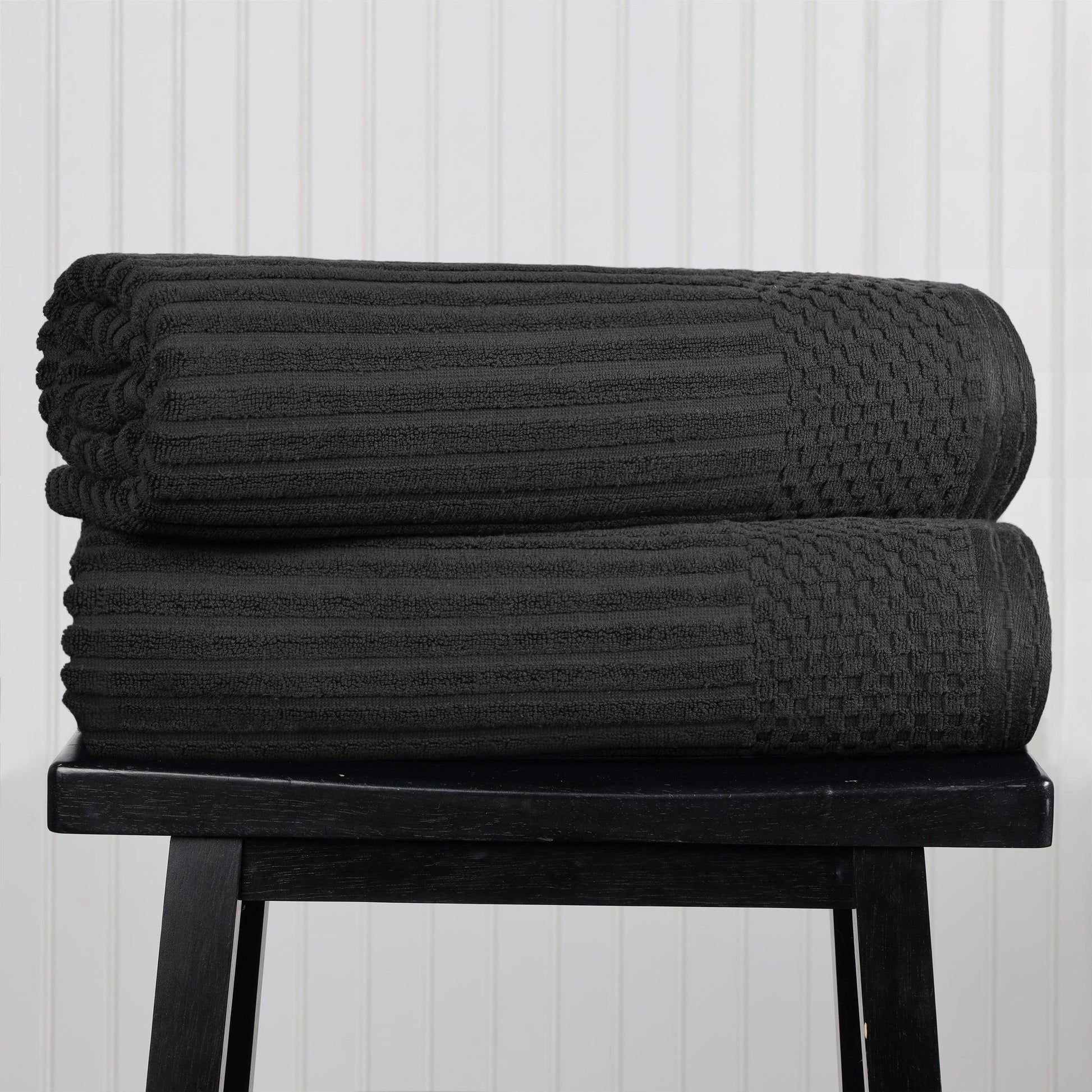 Ribbed Textured Cotton Bath Sheet Ultra-Absorbent Towel Set - Black