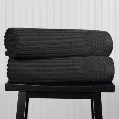 Ribbed Textured Cotton Bath Sheet Ultra-Absorbent Towel Set - Black