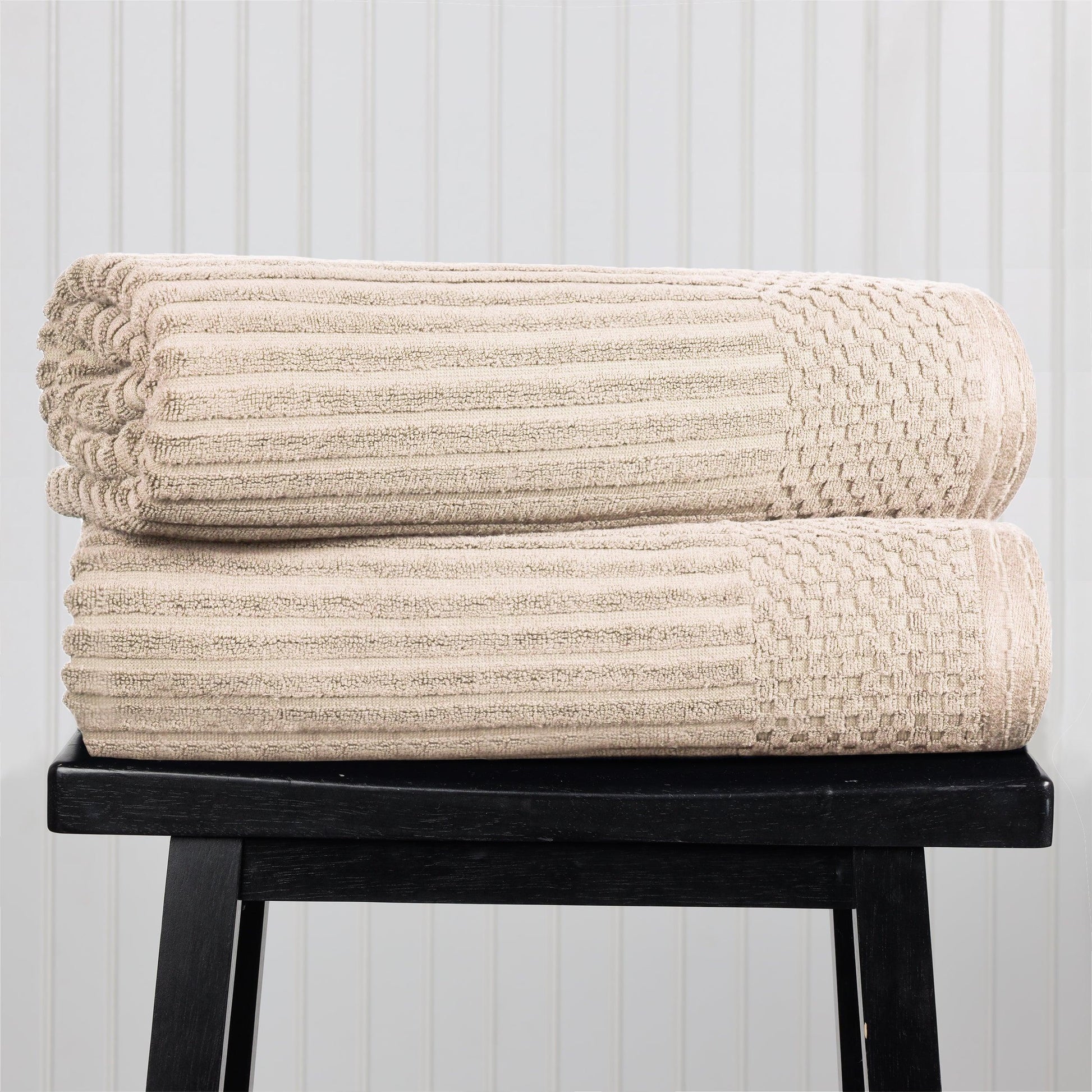 Ribbed Textured Cotton Bath Sheet Ultra-Absorbent Towel Set - Ivory