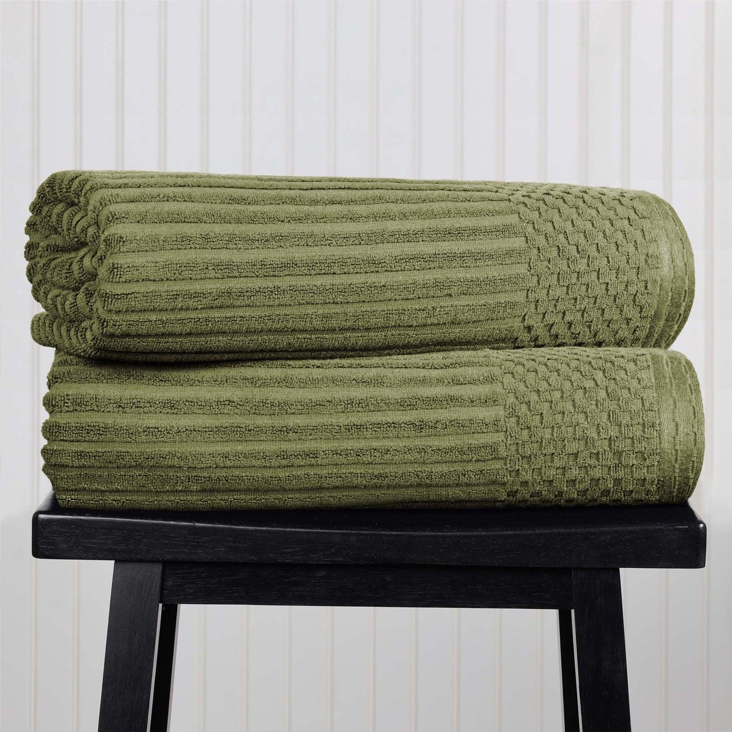 Ribbed Textured Cotton Bath Sheet Ultra-Absorbent Towel Set - Sage