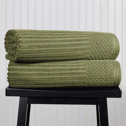 Ribbed Textured Cotton Bath Sheet Ultra-Absorbent Towel Set - Sage