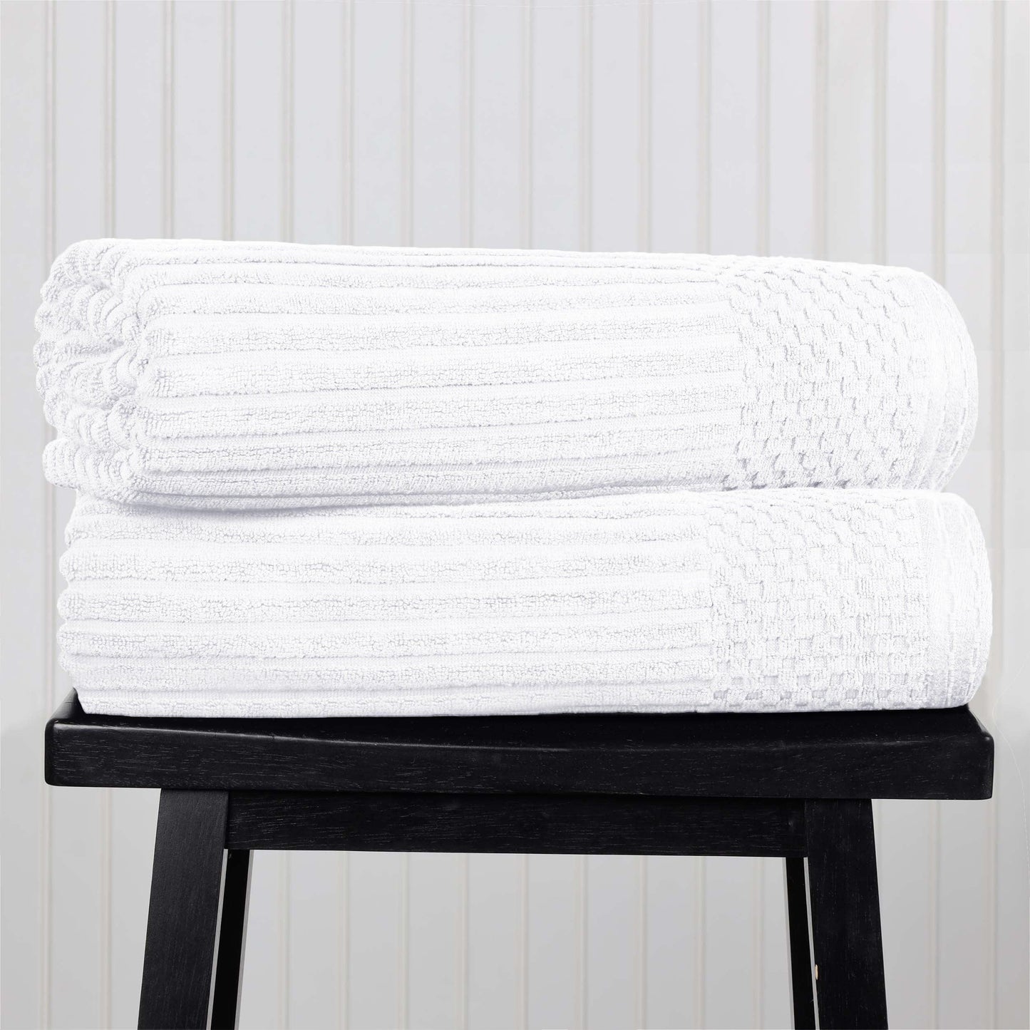 Ribbed Textured Cotton Bath Sheet Ultra-Absorbent Towel Set -  White