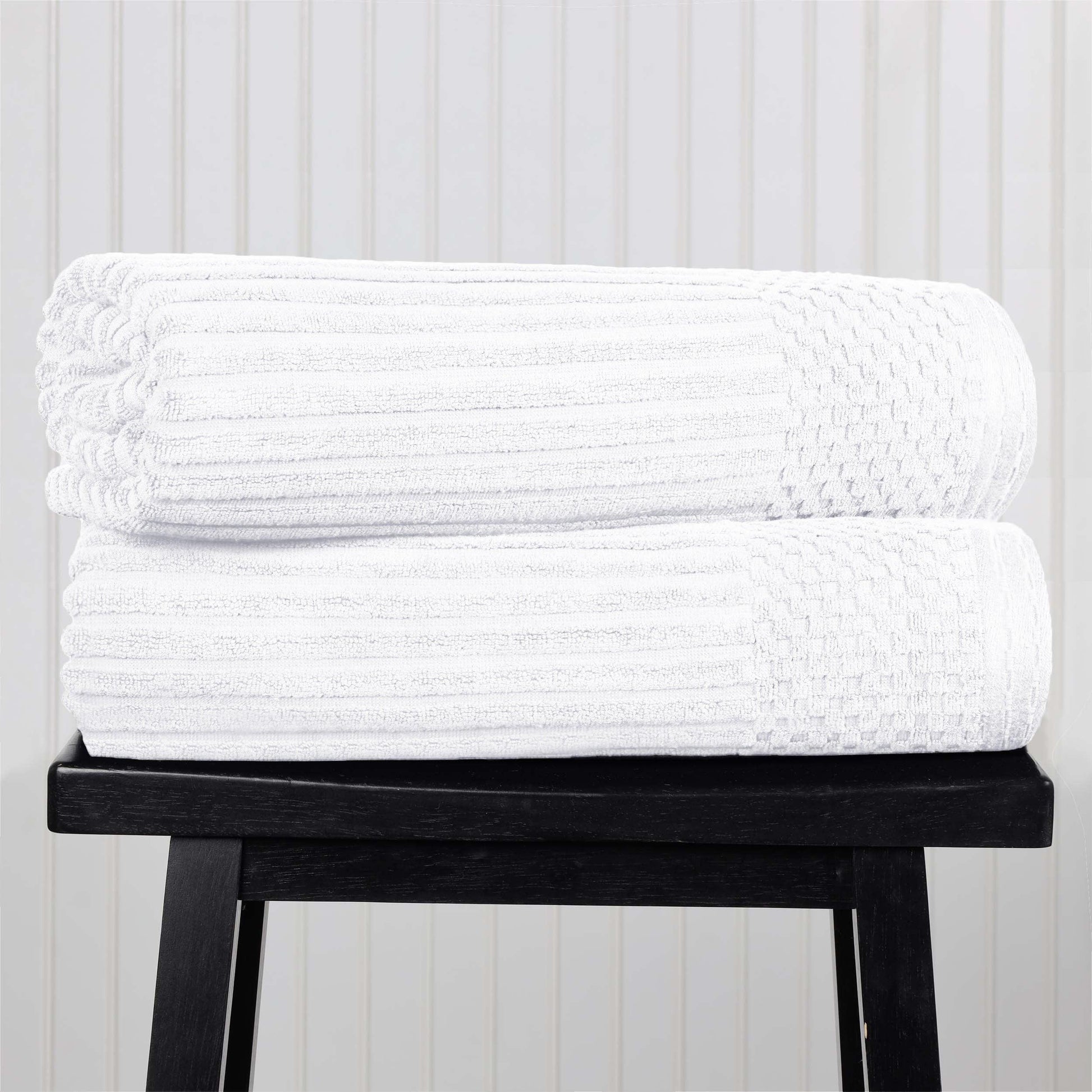 Ribbed Textured Cotton Bath Sheet Ultra-Absorbent Towel Set -  White