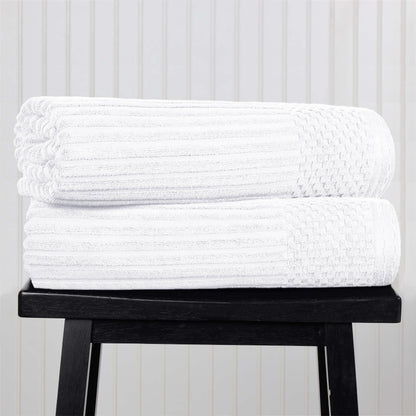 Ribbed Textured Cotton Bath Sheet Ultra-Absorbent Towel Set -  White