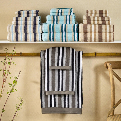  Stripes 100% Combed Cotton 6-Piece Towel Set, 2 Bath, 2 Hand, 2 Face - Chocolate