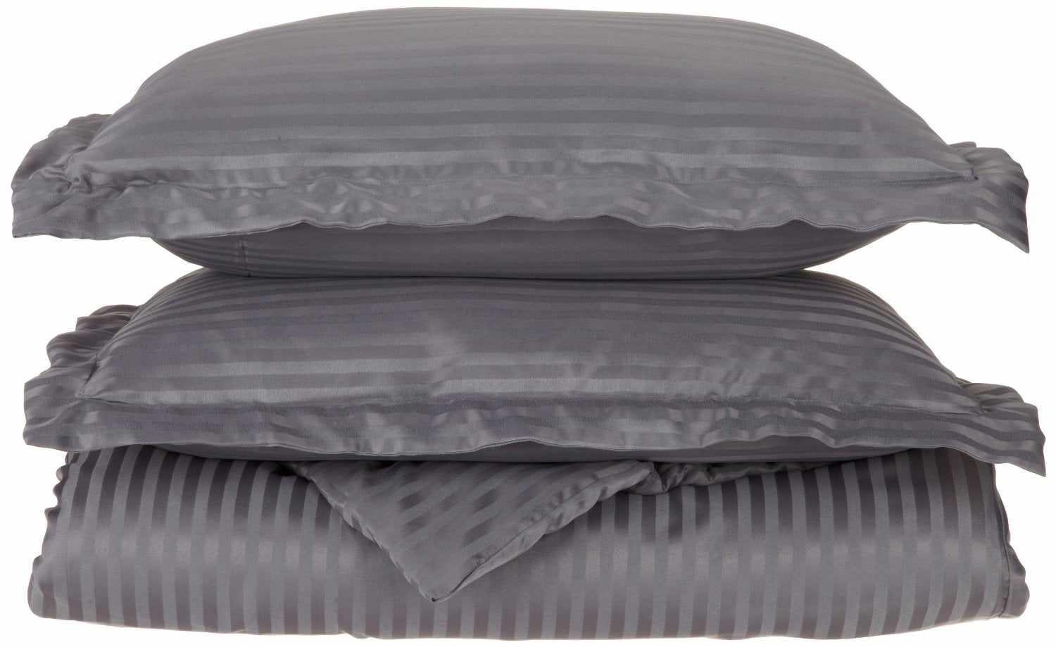  Superior Microfiber Wrinkle-Free Stripe Breathable Duvet Cover Set with Button Closure - Silver