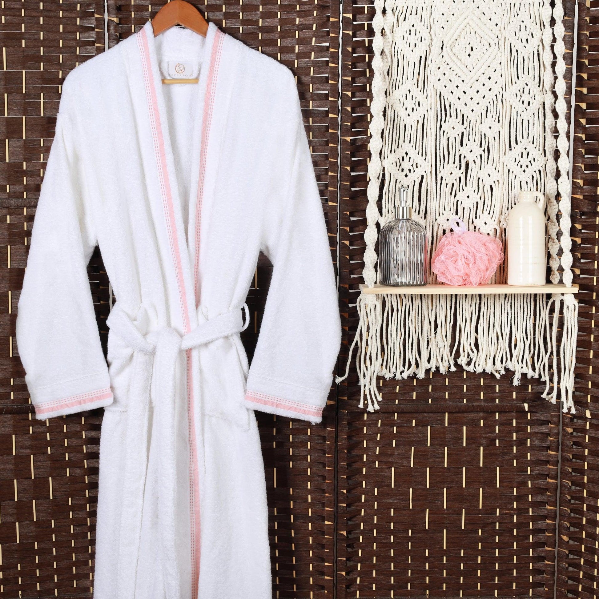 Turkish Cotton Terry Kimono Embroidered Super-Soft Unisex Bathrobe - White-Emberglow