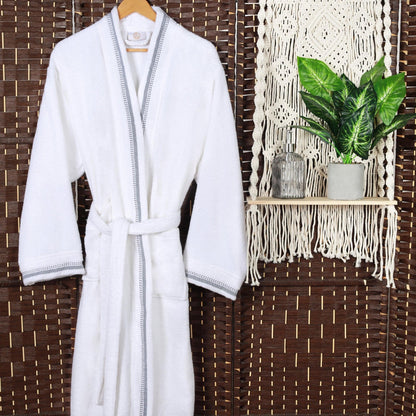 Turkish Cotton Terry Kimono Embroidered Super-Soft Unisex Bathrobe - White Grey