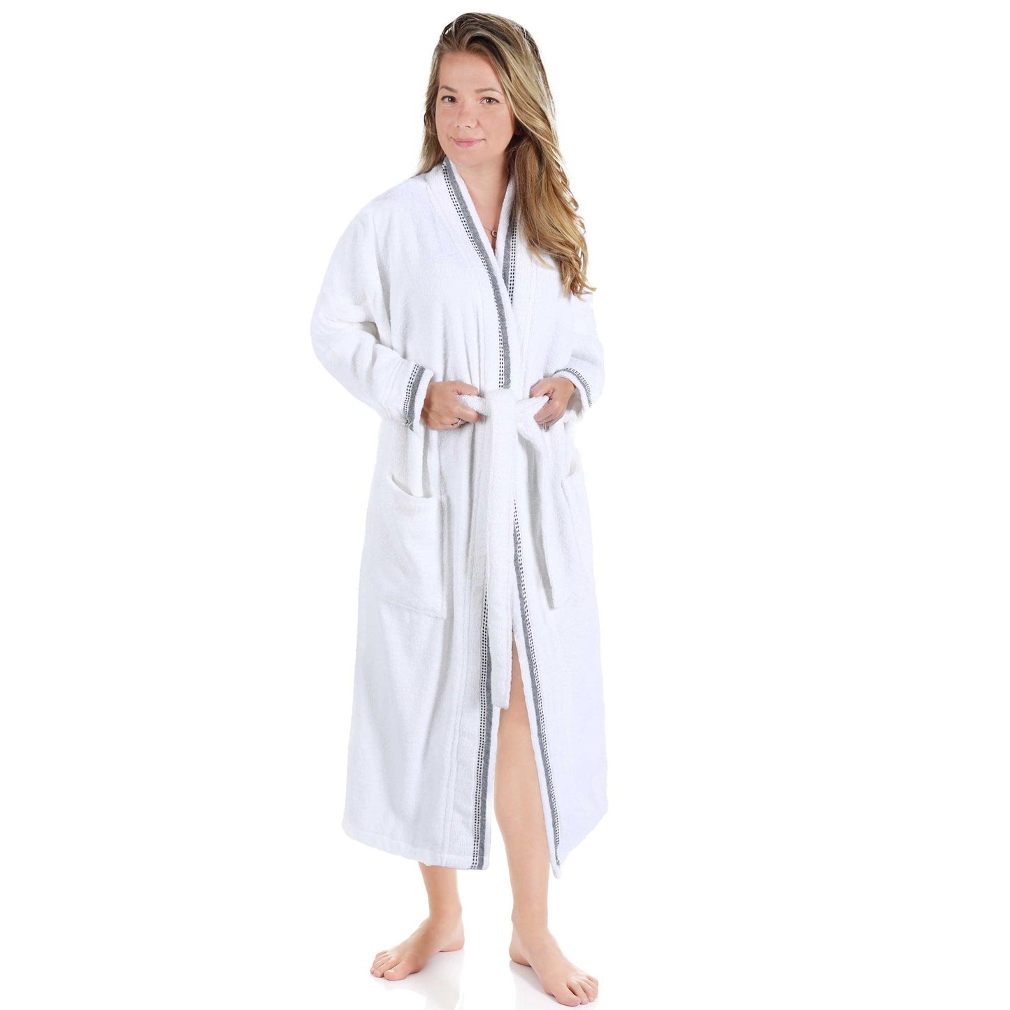  Turkish Cotton Terry Kimono Embroidered Super-Soft Unisex Bathrobe - Black-White