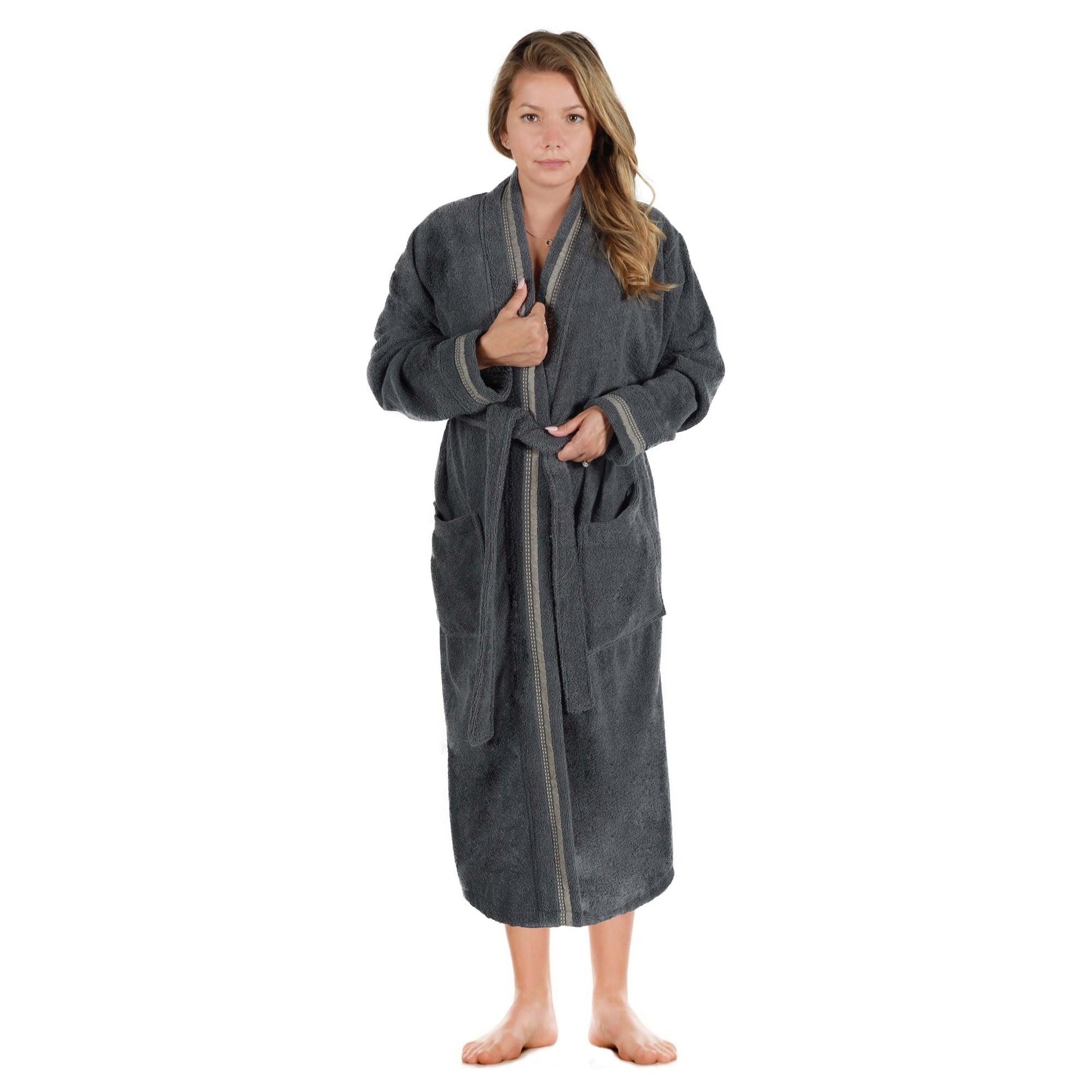 Turkish Cotton Terry Kimono Embroidered Super-Soft Unisex Bathrobe - Grey-Stone