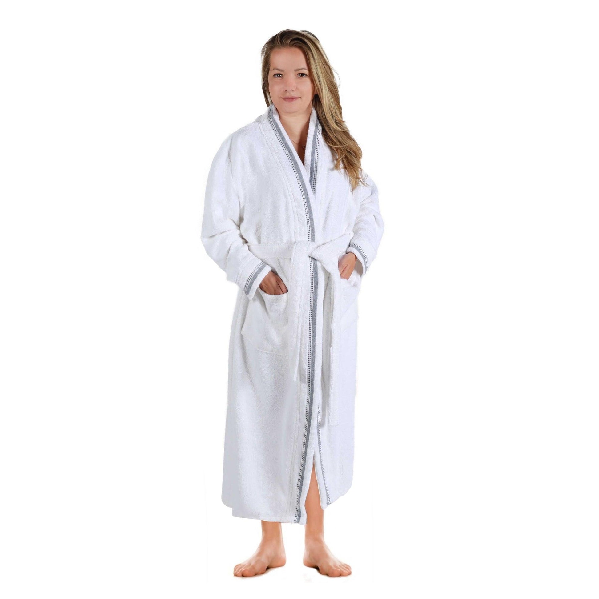  Turkish Cotton Terry Kimono Embroidered Super-Soft Unisex Bathrobe - Grey-White