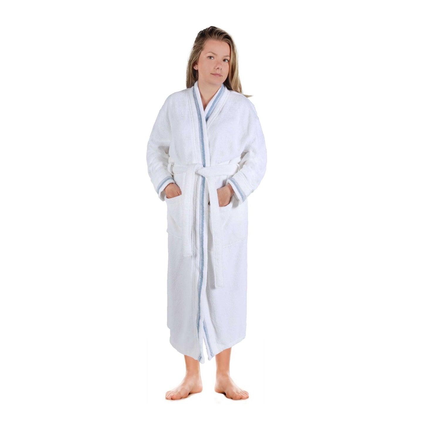  Turkish Cotton Terry Kimono Embroidered Super-Soft Unisex Bathrobe - White-Blue