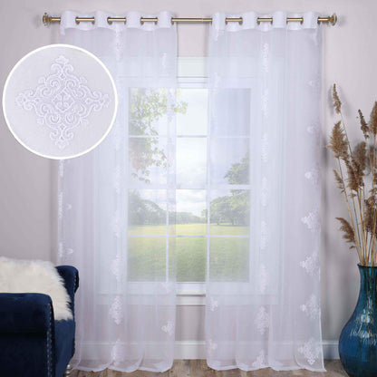 Sheer Traditional Embroidered Damask Grommet Curtain Panel Set