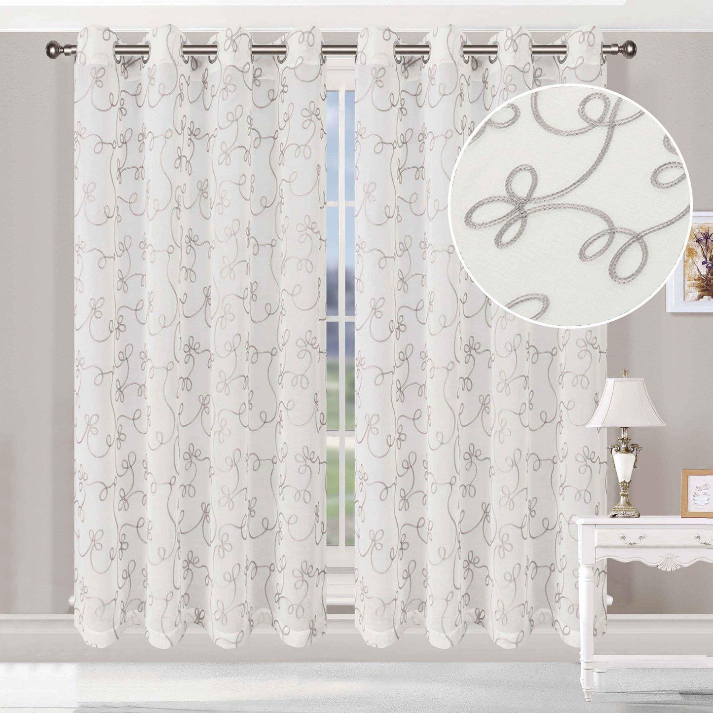 Sheer Traditional Embroidered Scroll Grommet Curtain Panel Set of 2