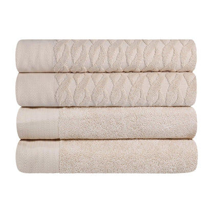 Turkish Cotton Jacquard Herringbone and Solid 4 Piece Bath Towel Set