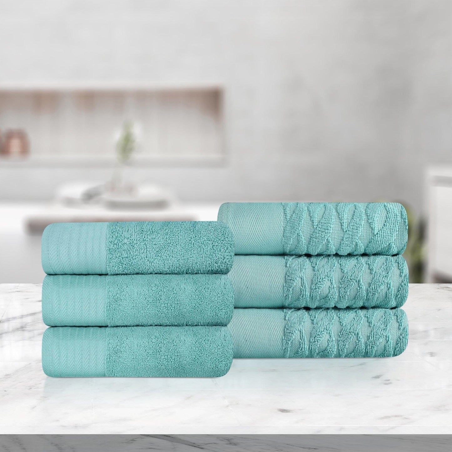 Turkish Cotton Jacquard Herringbone and Solid 6 Piece Hand Towel Set