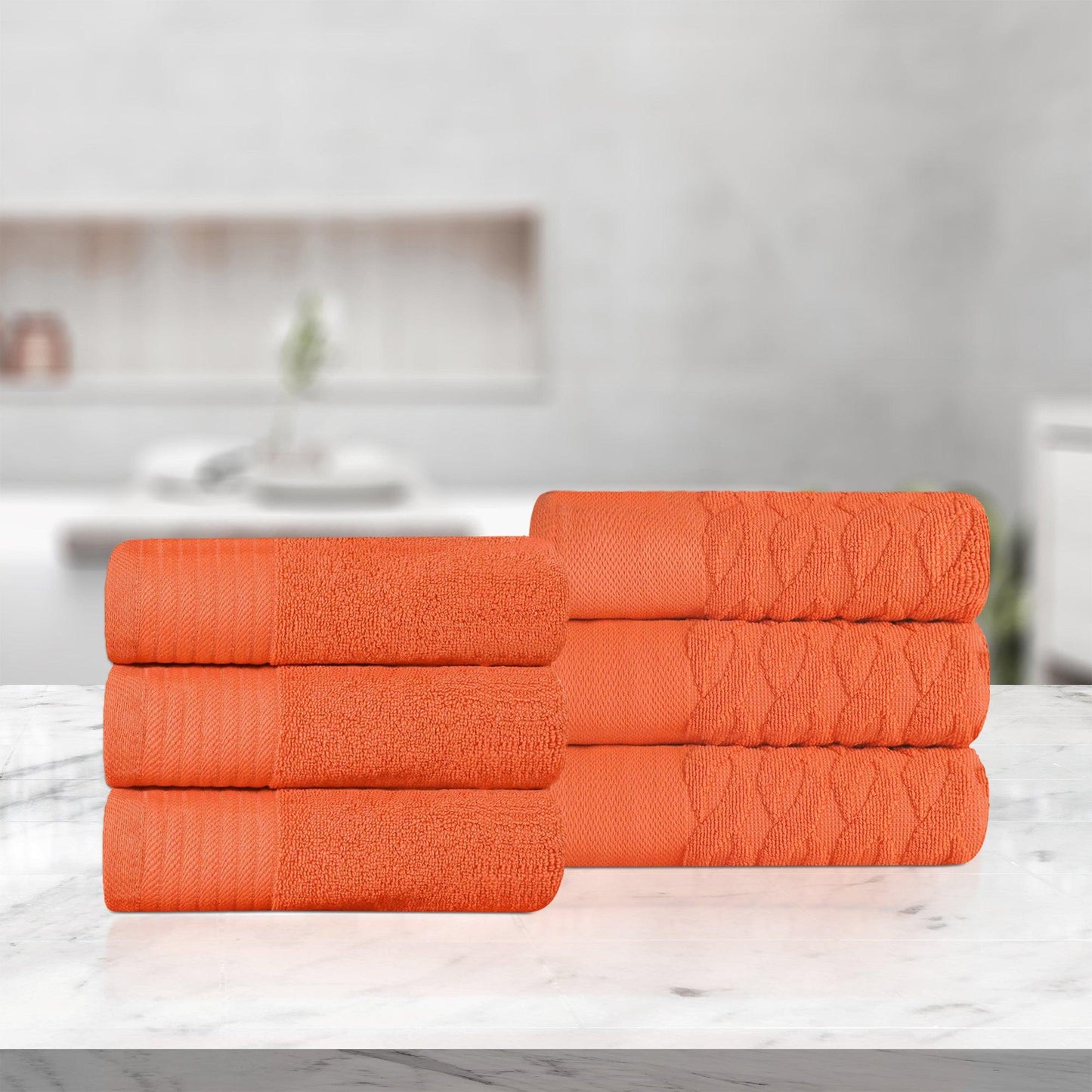 Turkish Cotton Jacquard Herringbone and Solid 6 Piece Hand Towel Set
