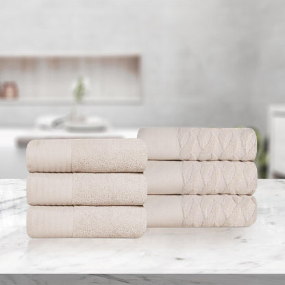 Turkish Cotton Jacquard Herringbone and Solid 6 Piece Hand Towel Set