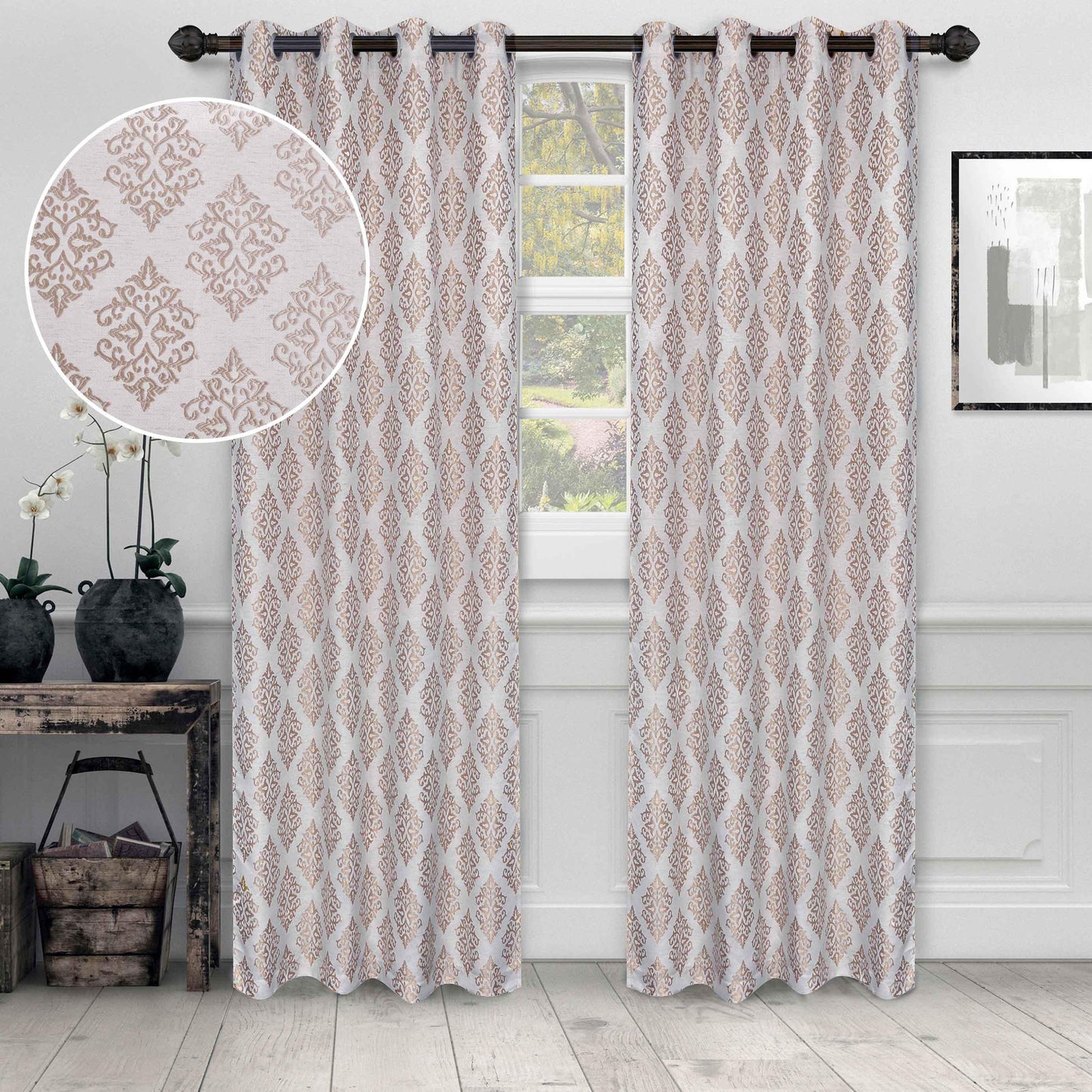 Venetian Damask Jacquard Curtain Panels, Set of 2
