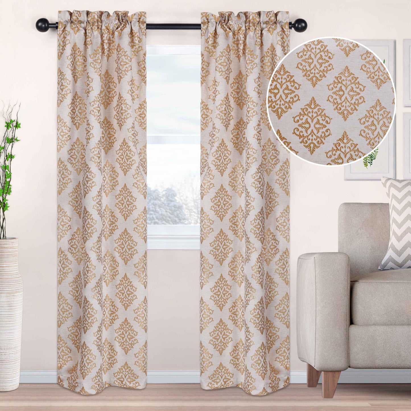 Venetian Damask Jacquard Curtain Panels, Set of 2