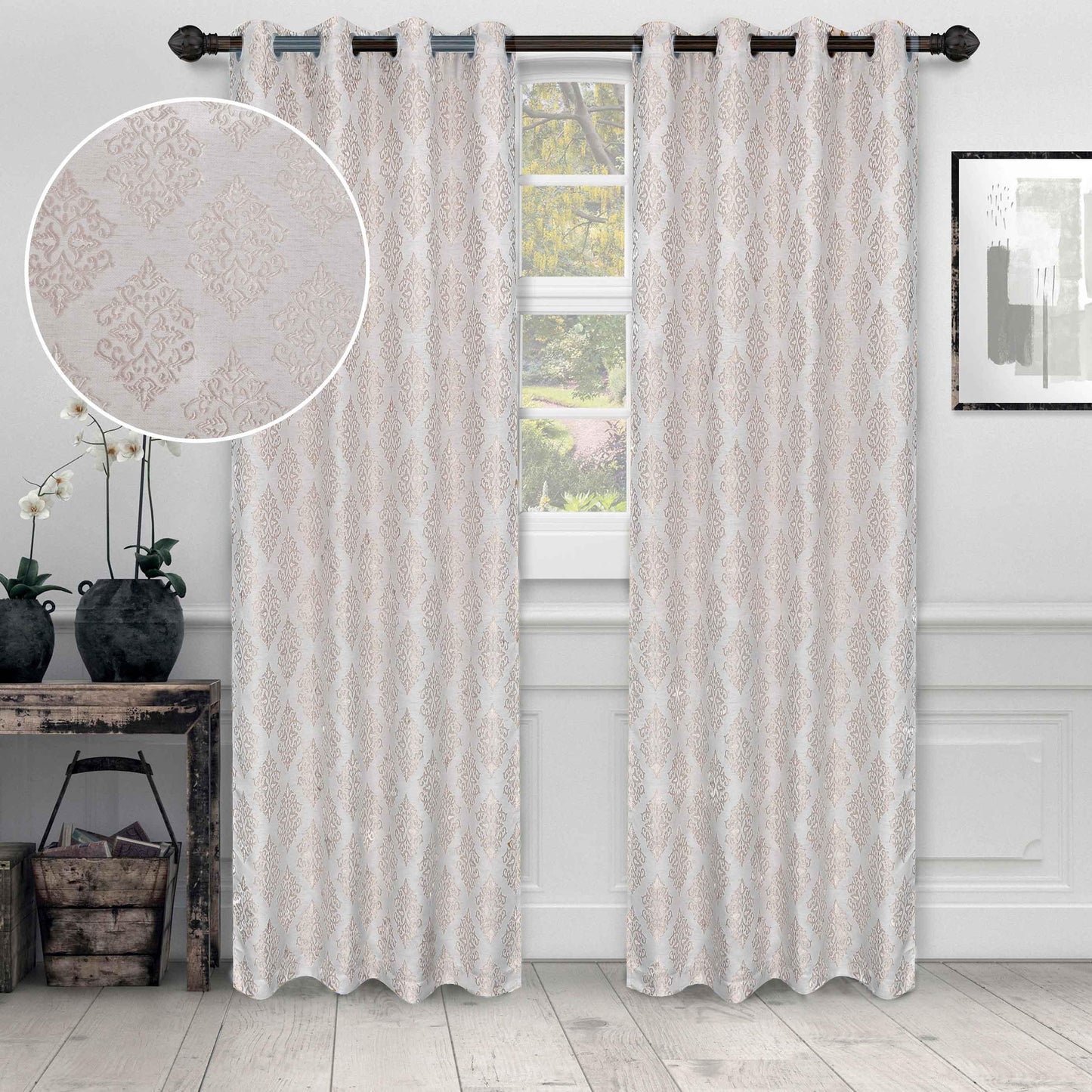 Venetian Damask Jacquard Curtain Panels, Set of 2