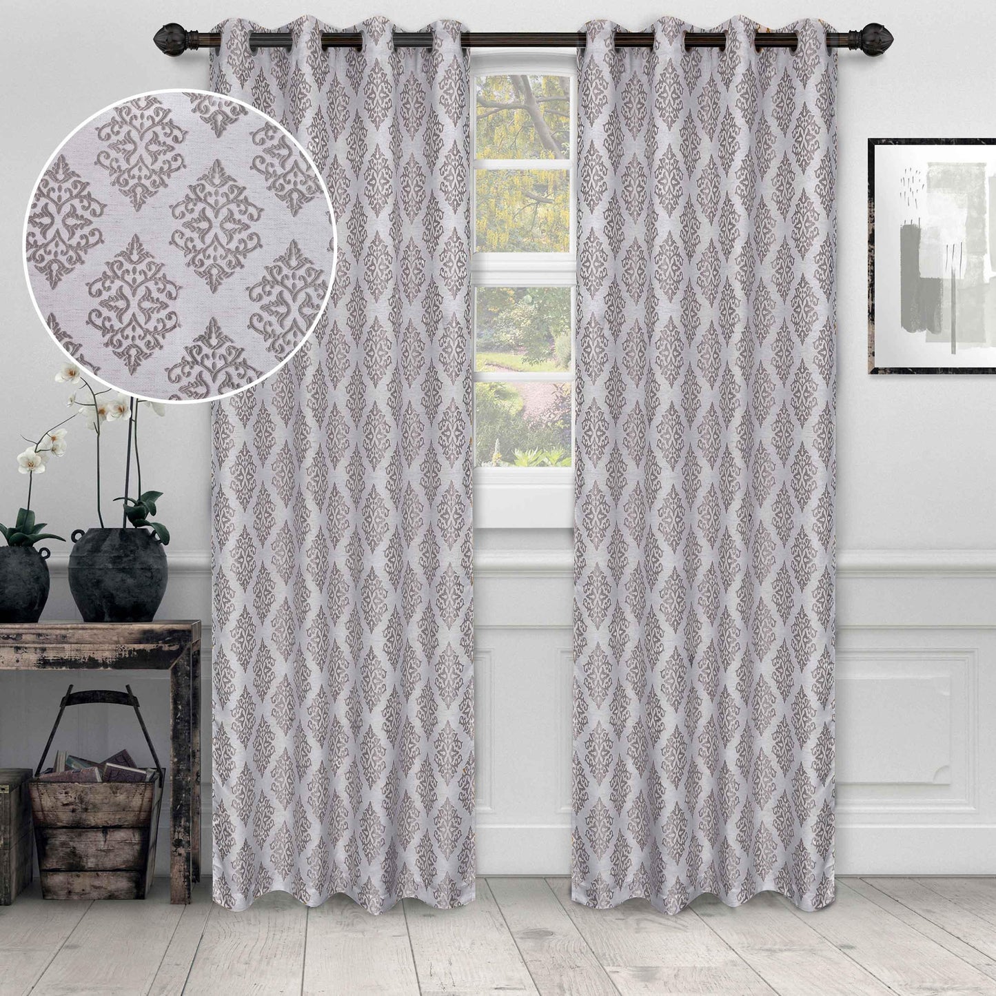 Venetian Damask Jacquard Curtain Panels, Set of 2